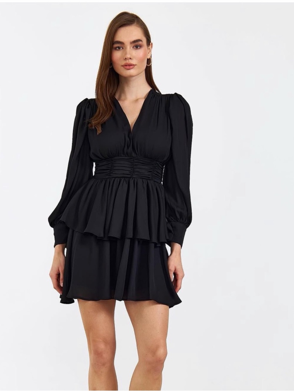 Black Smocked Waist V-Neck Long Sleeve Mini Dress